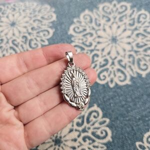 Vintage Silver Virgin Mary Miraculous Medallion Medal Rhinestone Pendant